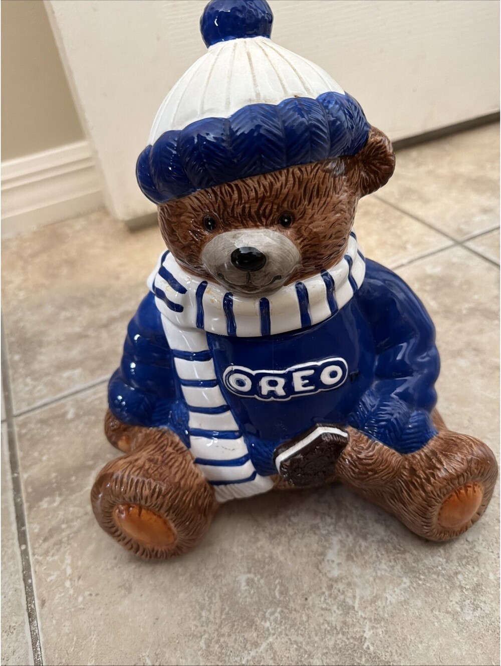 Oreo Teddy Bear Cookie Jar - 2001 Blue and White Sweater & Hat see Pictures-10in